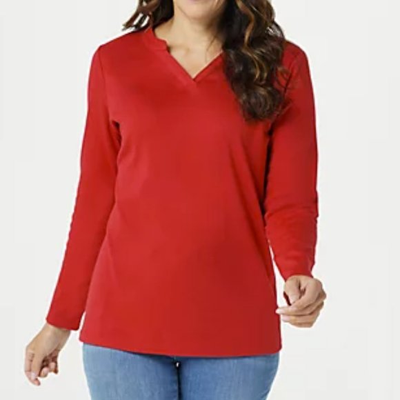 Denim&Co Tops - Denim & Co. Split V-Neck Long Sleeve Top 7439